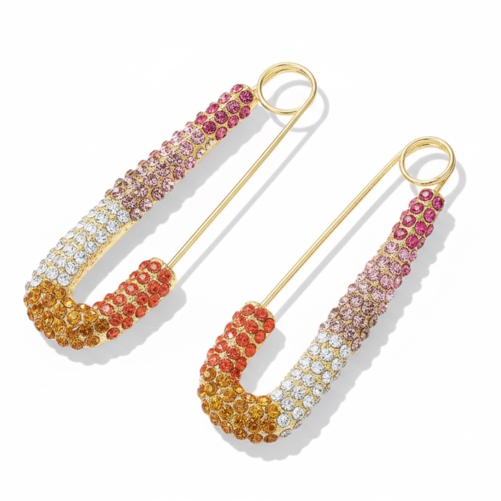 Womens Gold Tone‎ Safety Pine Earrings with Rhinestones